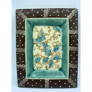Vintage Mid Century Hand Painted Pottery Large Tray Platter Signed “Leach” 11x9